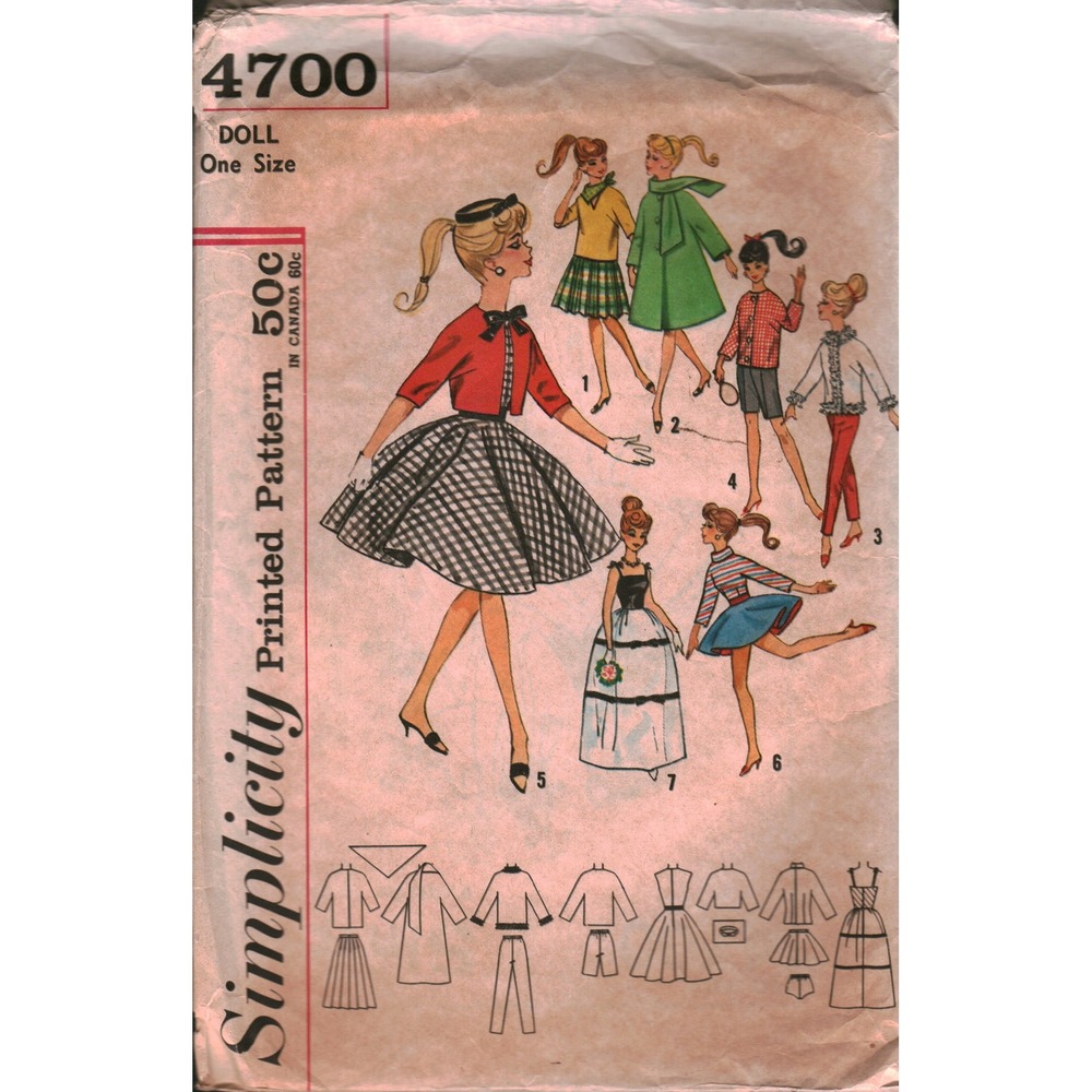 Vintage Simplicity 4700 Doll Clothes Sewing Pattern 11.5 Inch Barbie Wardrobe